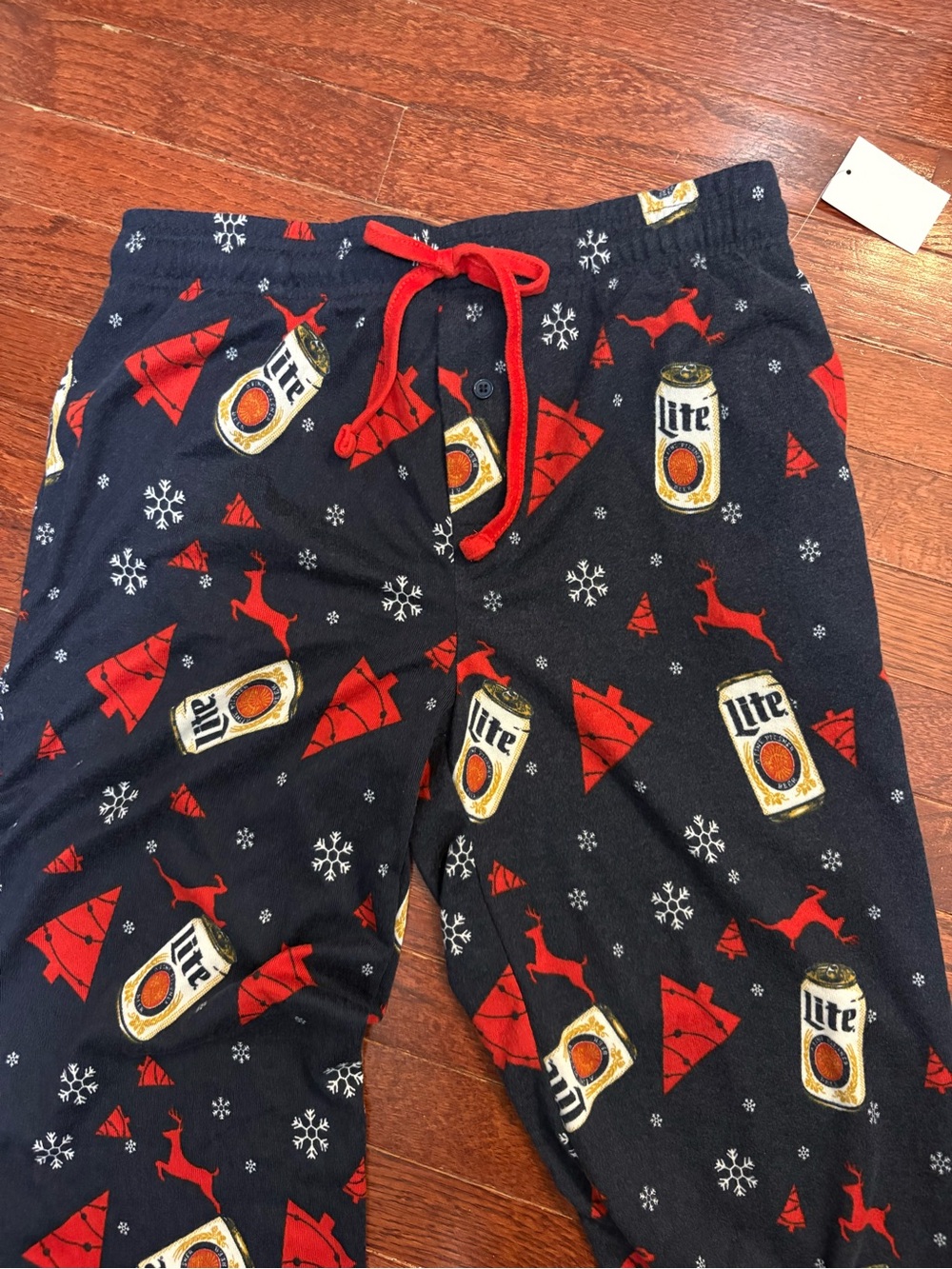 Navy Pajama Pants with beer cans and Red Holiday Accents